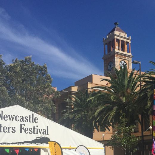 2017 Newcastle Writers Festival marquee and City Hall clock