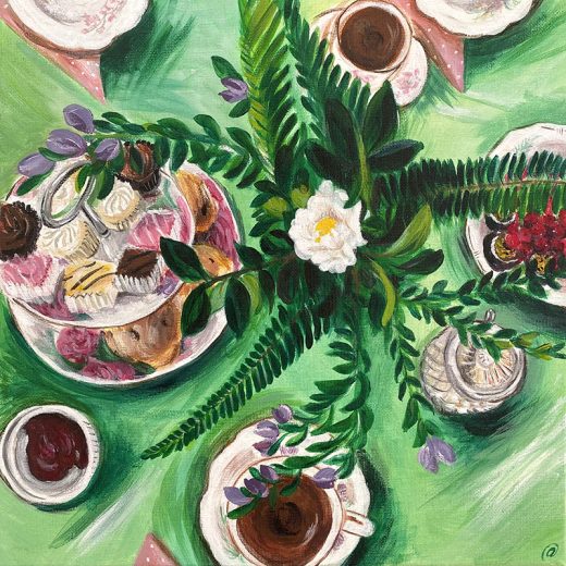 Birds-eye view painting of a table set for high tea with flowers, cups and cakes..
