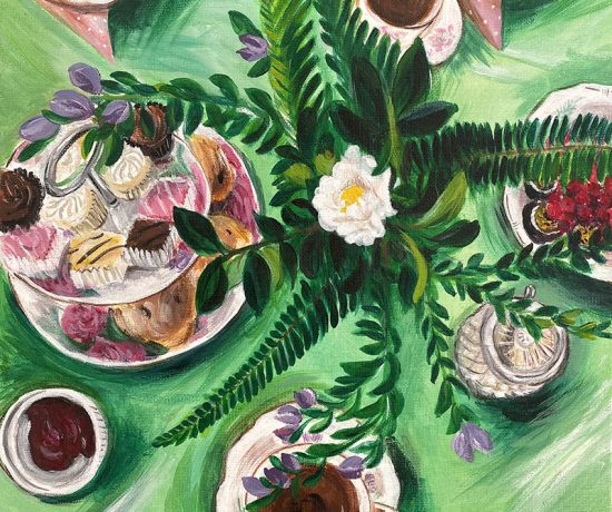 Birds-eye view painting of a table set for high tea with flowers, cups and cakes..
